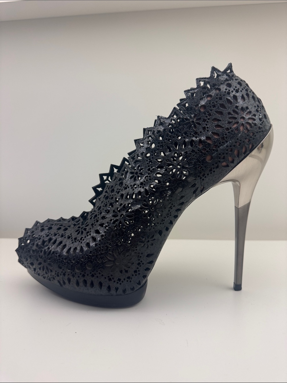 Salvatore Ferragamo Black Laser-Cut Platform Pump with Silver Stiletto